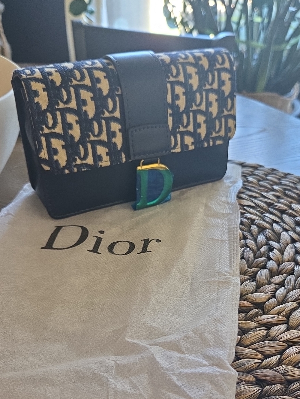 Dior Navy and Cream Mini Saddle Bag with Blue D Charm
